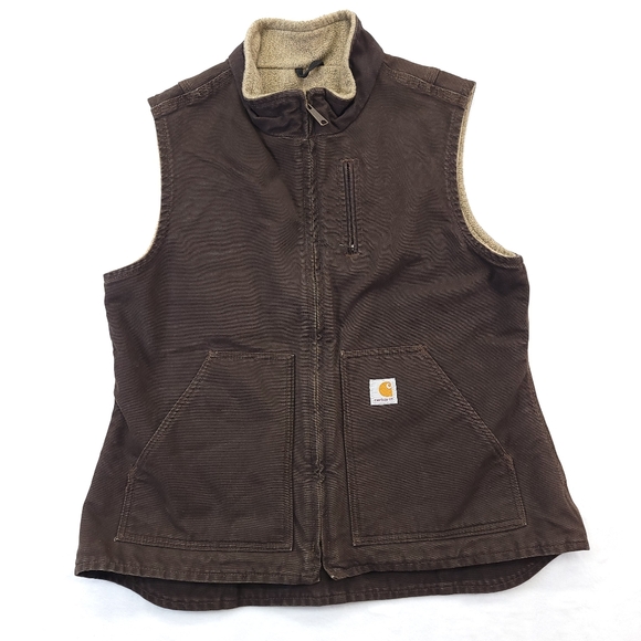 Carhartt Womens Brown Sherpa Lined Canvas Duck Vest WV001 DKB Workwear Size L - Picture 1 of 5